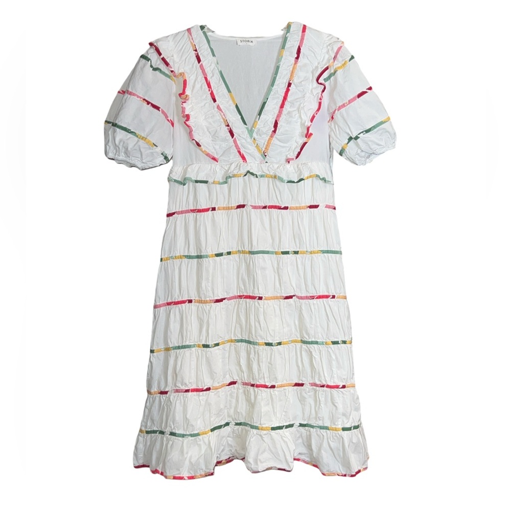 Storia Mixed Print White Midi Dress Ruffled V-Neck Spring Large - Picture 5 of 7